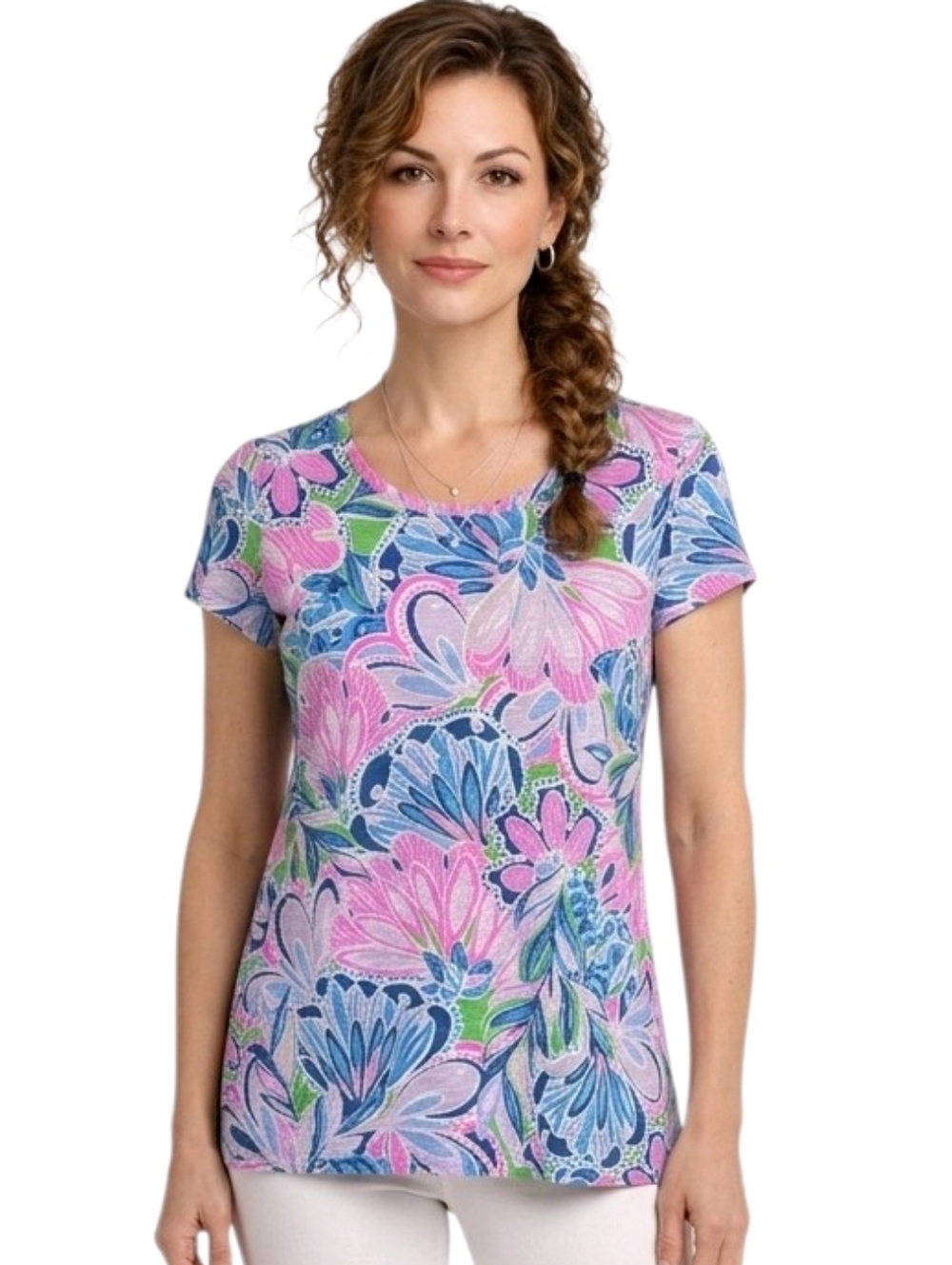 Lilly Pulitzer Etta Blue & Pink Floral Print Scoop Neck Tee Size XS
